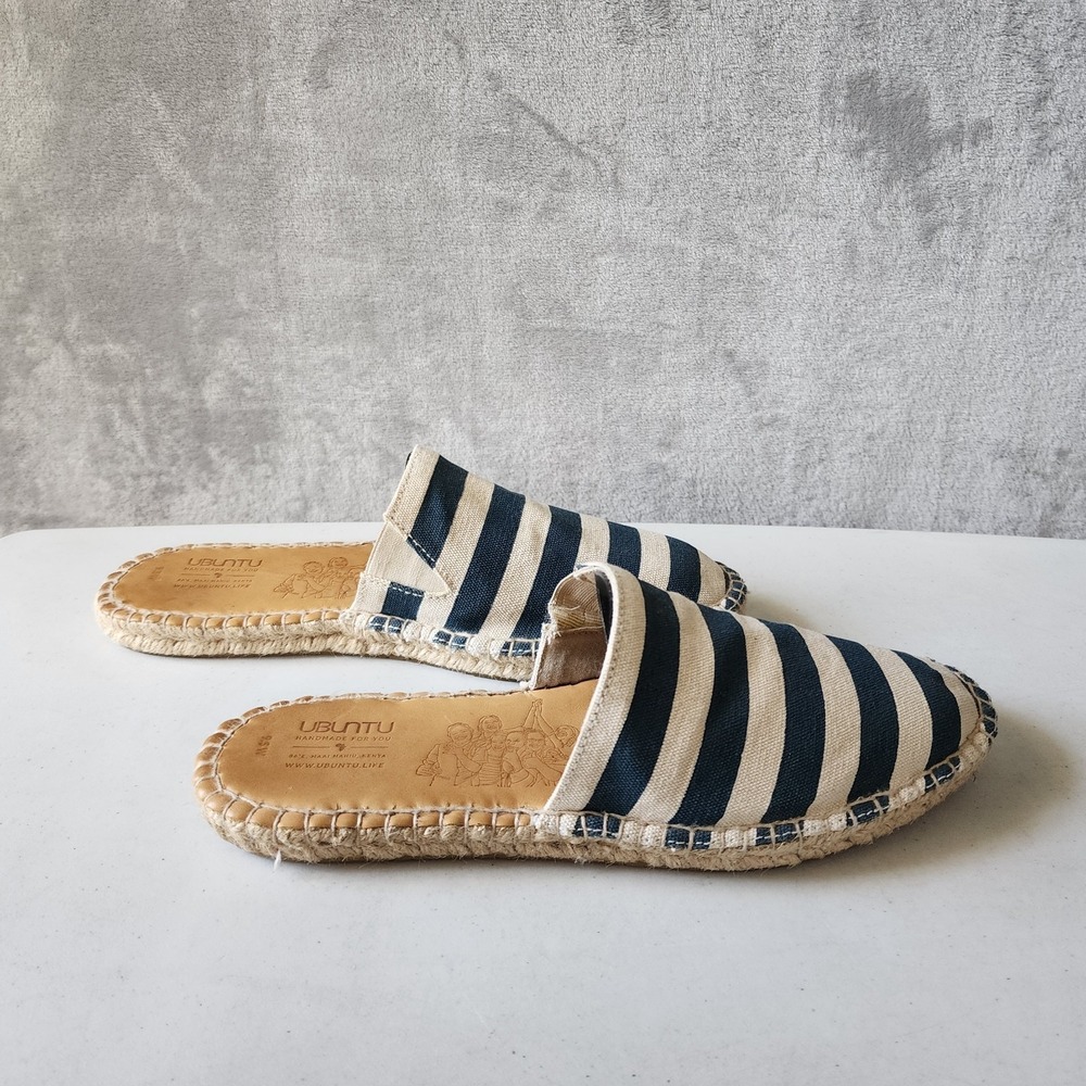 UBUNTU Canvas Mule Womens 9.5 Blue Stripe Espadrille Leather Jute Handmade Kenya
